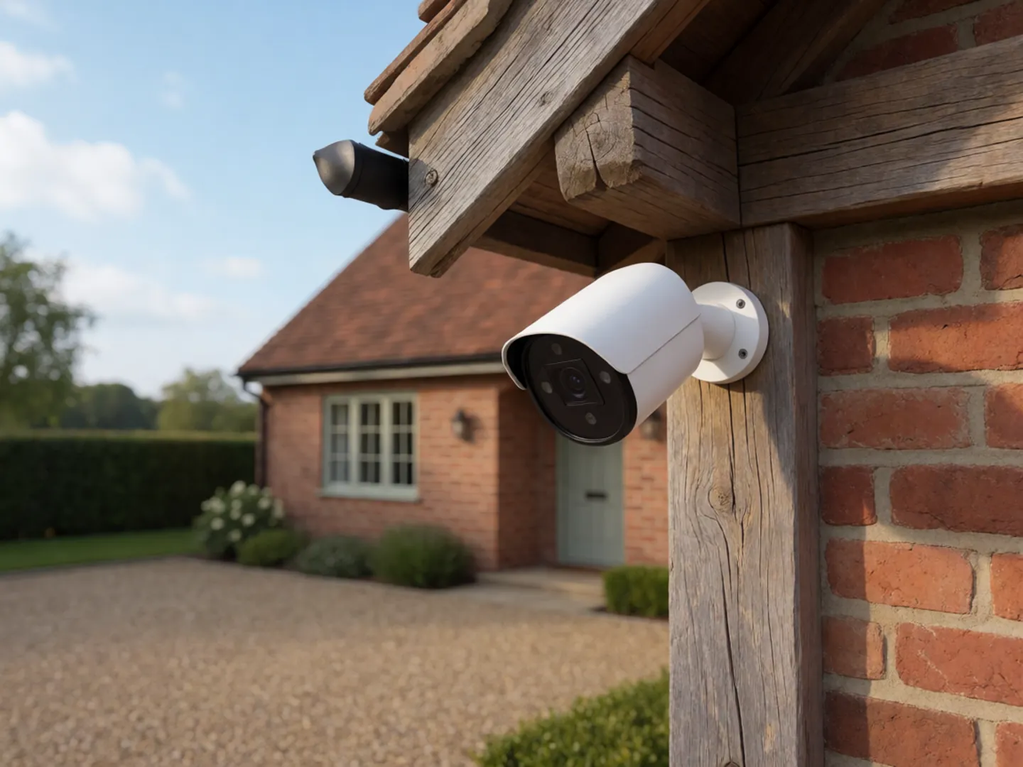 A small white security camera mounted on an oak post under the eaves of a brick house, overlooking a gravel driveway