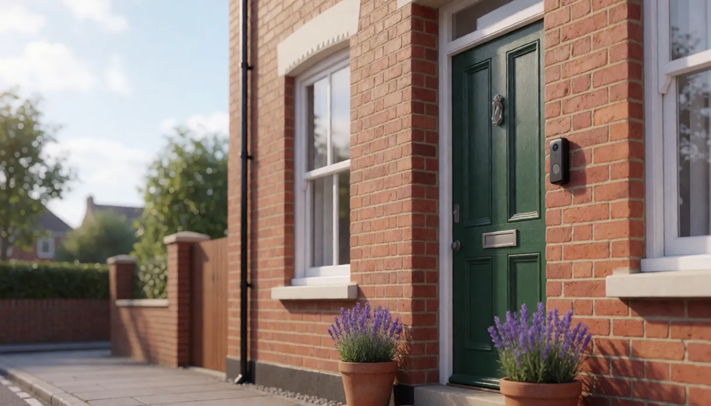 The front door of a brick terraced house with a small plain video doorbell beside it and potted plants on the step